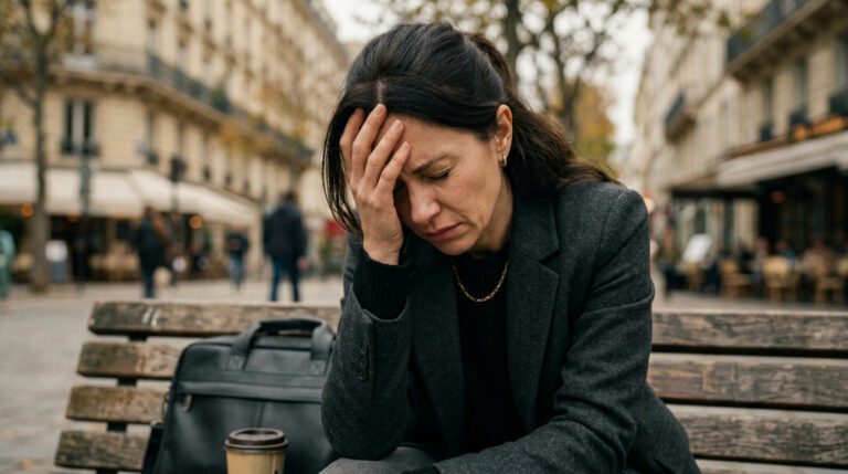 Femme 40 ans épuisée, burn-out émotionnel, pause extérieure, fatigue chronique, hypnose Paris 7