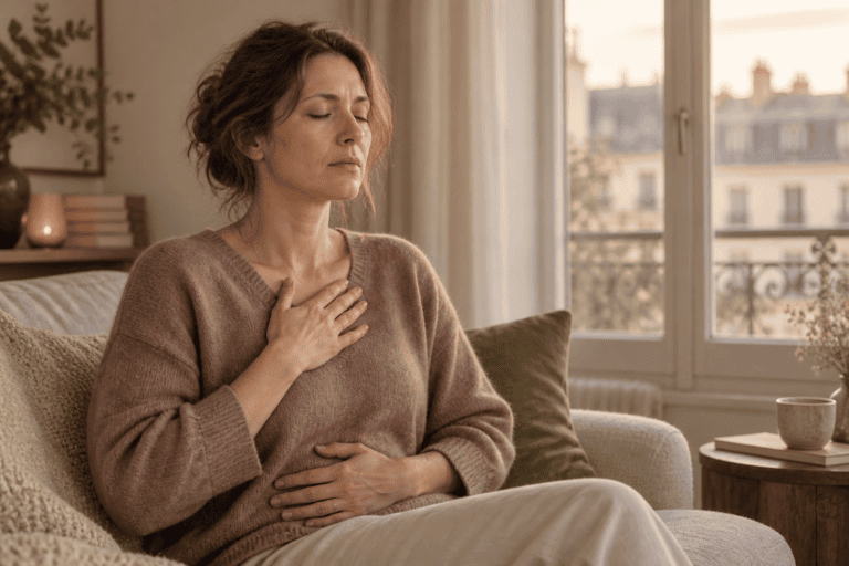 Hypnose et anxiété : femme apaisant sa respiration dans un intérieur parisien