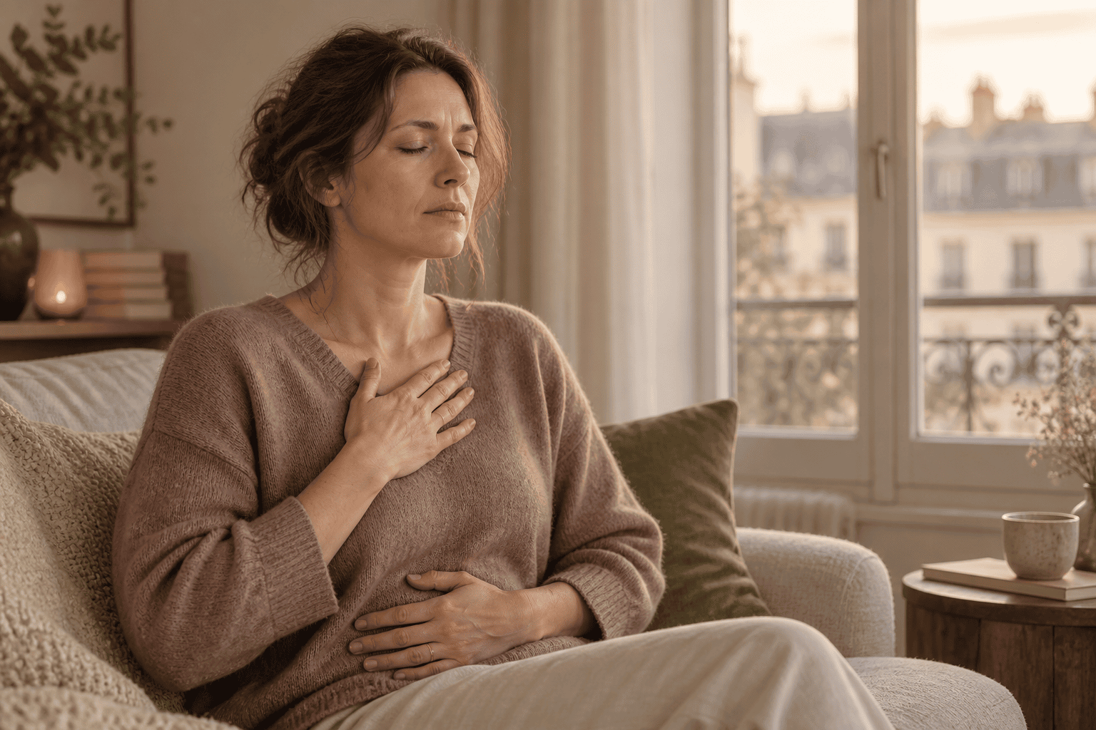 Hypnose et anxiété : femme apaisant sa respiration dans un intérieur parisien